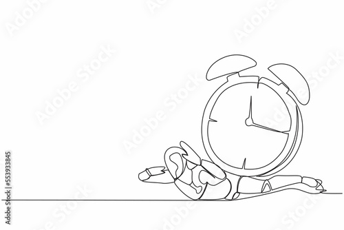 Single one line drawing stressed robot under heavy alarm clock burden. Work pressure at tech business project. Modern robotic artificial intelligence. Continuous line draw design vector illustration
