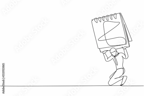 Continuous one line drawing exhausted businessman carrying heavy calendar on his back. Burnout syndrome. Stressed at work, emotional, feeling depressed. Single line design vector graphic illustration