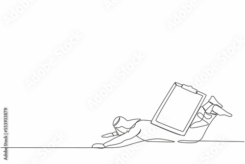 Single one line drawing Arab businessman under heavy clipboard burden. Busy work with checklist document, overworked from overload tasks. Modern continuous line draw design graphic vector illustration © Simple Line