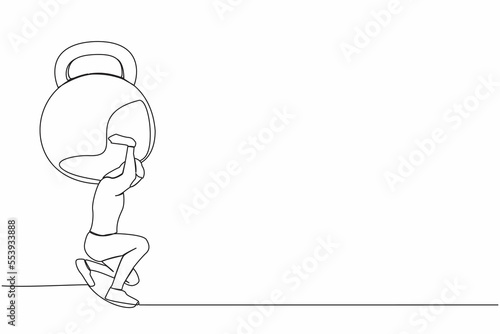 Single one line drawing exhausted businessman carrying heavy kettlebell on his back. Tension, heaviness in business life. Overwork, stress, time management. Continuous line design vector illustration