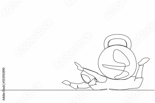 Single continuous line drawing Arabian businesswoman under heavy kettlebell burden. Financial crisis and credit payment. Business, mental stress, bankruptcy, debt. One line design vector illustration