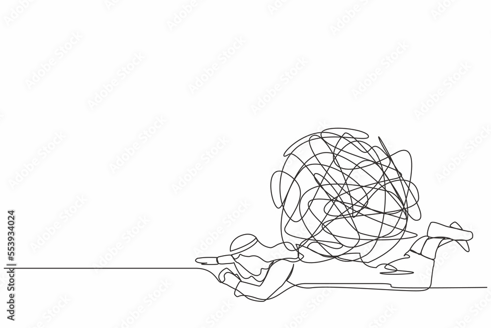 Single one line drawing Arab businessman under heavy messy line burden. Stress burden, anxiety from work difficulty, overload, economic crisis problem. Continuous line draw design vector illustration Single one line drawing Arab businessman under heavy messy line burden. Stress burden, anxiety from work difficulty, overload, economic crisis problem. Continuous line draw design vector illustration