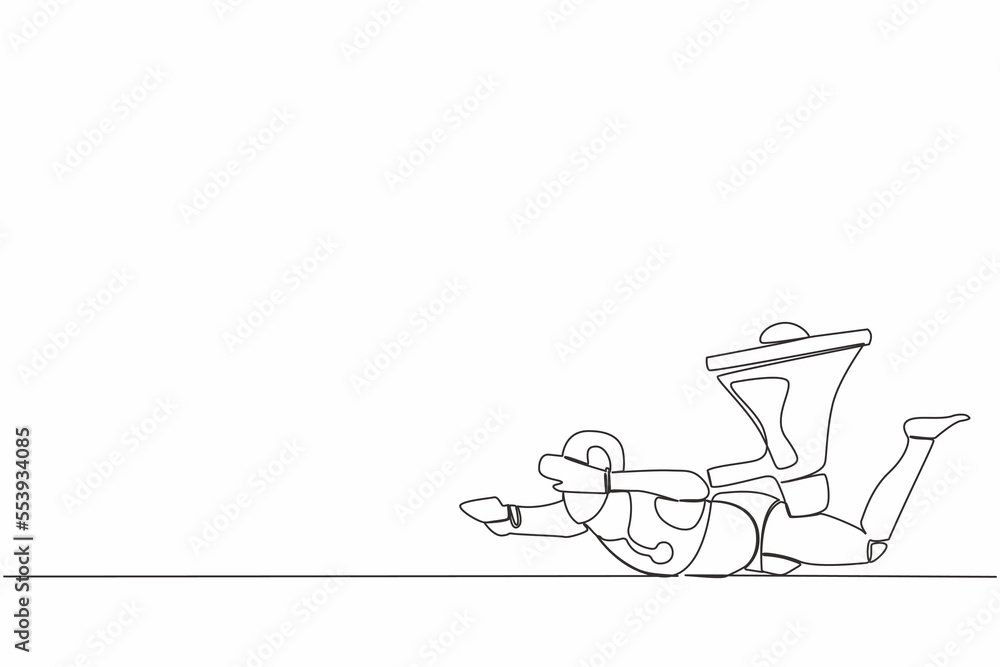 Continuous one line drawing stressed robot under heavy megaphone burden. Conflict and trouble in factory communication. Humanoid robot cybernetic organism. Single line draw design vector illustration Continuous one line drawing stressed robot under heavy megaphone burden. Conflict and trouble in factory communication. Humanoid robot cybernetic organism. Single line draw design vector illustration
