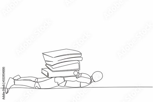 Single one line drawing stress robot under heavy pile paper folder burden. Tired robot cannot cope with amount of work. Robotic artificial intelligence. Continuous line draw design vector illustration