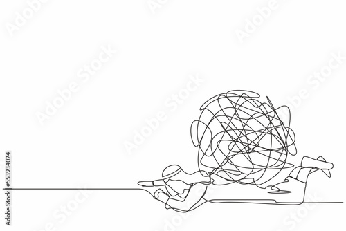 Single one line drawing Arab businessman under heavy messy line burden. Stress burden, anxiety from work difficulty, overload, economic crisis problem. Continuous line draw design vector illustration