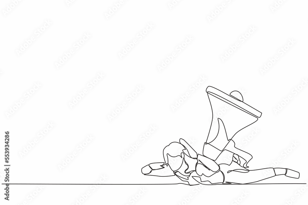 Single continuous line drawing unhappy businesswoman under heavy megaphone burden. Troubles in communication concept. Bullying, harassment at work, families. One line draw design vector illustration Single continuous line drawing unhappy businesswoman under heavy megaphone burden. Troubles in communication concept. Bullying, harassment at work, families. One line draw design vector illustration