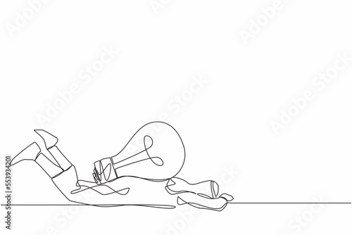 Single continuous line drawing Arab businessman under heavy light bulb burden. Uninspired or no idea after business failure, burnout or exhausted from crisis. One line draw design vector illustration