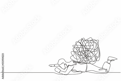 Continuous one line drawing unhappy businesswoman under heavy messy line burden. Problem in economic crisis, pressure from too much responsibility. Single line draw design vector graphic illustration
