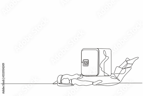 Single one line drawing Arab businessman under heavy safe deposit box burden. Money loss in pandemic crisis, company cannot pay for debt and bankruptcy. Continuous line draw design vector illustration
