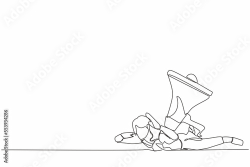 Single continuous line drawing unhappy businesswoman under heavy megaphone burden. Troubles in communication concept. Bullying, harassment at work, families. One line draw design vector illustration