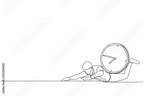 Continuous one line drawing depressed businessman under heavy wall clock burden. Stressed complete work within deadline and timeline. Work under pressure. Single line draw design vector illustration