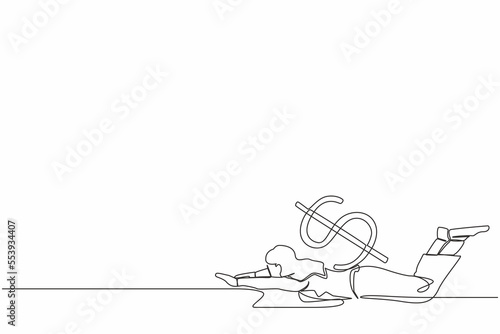Single one line drawing unhappy businesswoman under heavy dollar symbol burden. Overworked or overloaded worker due to economic crisis, debt pressure. Continuous line draw design vector illustration