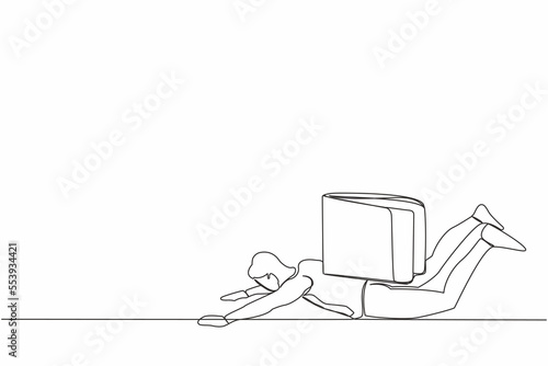 Single one line drawing depressed businessman under heavy wallet burden. Tired hard working office employee. Financial and economic crisis concept. Continuous line design graphic vector illustration