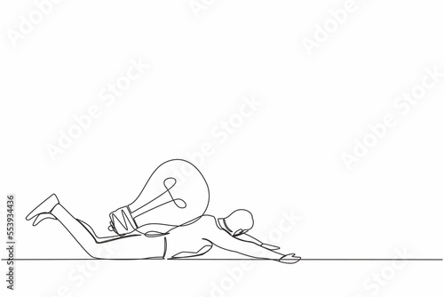 Single continuous line drawing of depressed businessman under heavy light bulb burden. Worker without new ideas or lack of inspiration in work and business. One line graphic design vector illustration