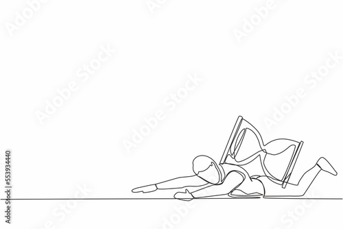 Single continuous line drawing of depressed businessman under heavy hourglass burden. Unhappy office clerk has time management problems. Work overload. One line draw graphic design vector illustration