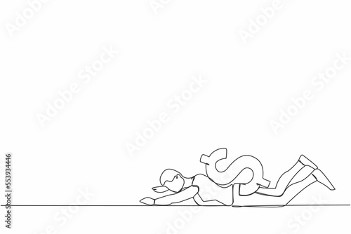 Continuous one line drawing depressed businessman under heavy dollar symbol burden. Overloaded worker, difficult burden and debt pressure. Economic crisis. Single line draw design vector illustration
