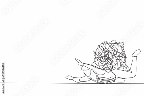 Single continuous line drawing depressed businessman under heavy messy line burden. Stress burden, anxiety from work difficulty, overload, economic crisis problem. One line design vector illustration