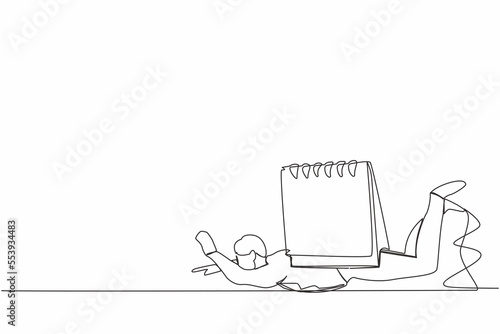 Continuous one line drawing depressed businessman under heavy calendar burden. Tired employee worker with work problem. Stressful job with deadline. Single line draw design vector graphic illustration