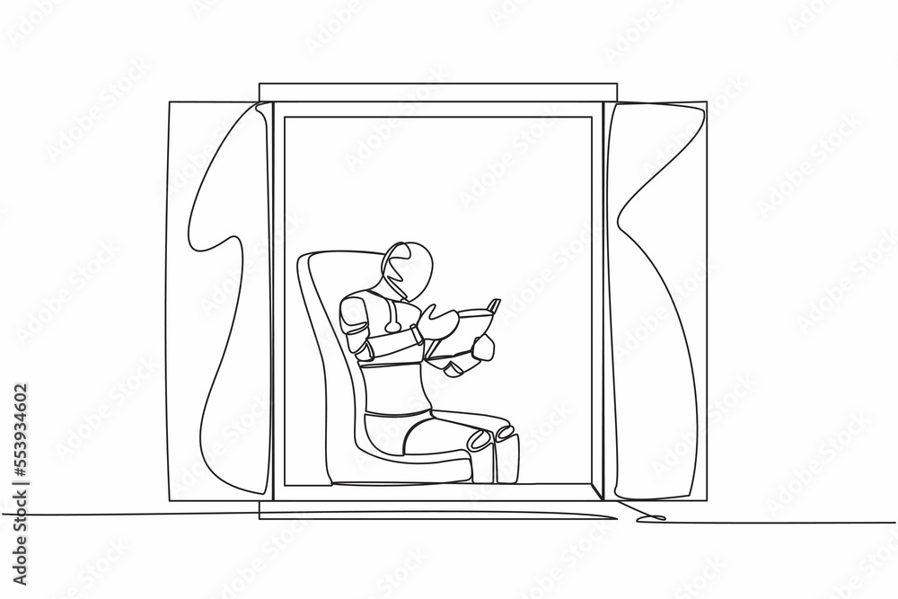 Continuous one line drawing robot sitting in chair and reading book. Sitting in armchair near window in living room. Humanoid robot cybernetic organism. Single line graphic design vector illustration Continuous one line drawing robot sitting in chair and reading book. Sitting in armchair near window in living room. Humanoid robot cybernetic organism. Single line graphic design vector illustration