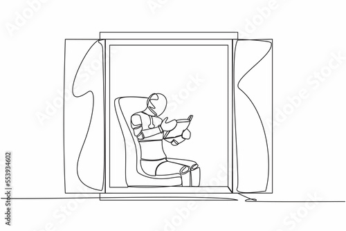 Continuous one line drawing robot sitting in chair and reading book. Sitting in armchair near window in living room. Humanoid robot cybernetic organism. Single line graphic design vector illustration