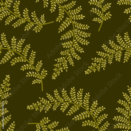 Green fern leaf, branch vector seamless pattern. Forest plant texture flat cartoon illustration.