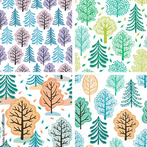 Winter, spring, summer and autumn forest. Four seasons. Collection of trees seamless patterns