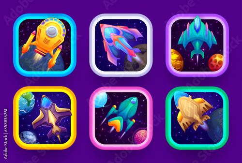 Cartoon space game app icons with starships. Vector set ui or gui menu elements for application interface. Futuristic fantasy cosmic engines inside of square frames. Galaxy or star war buttons design