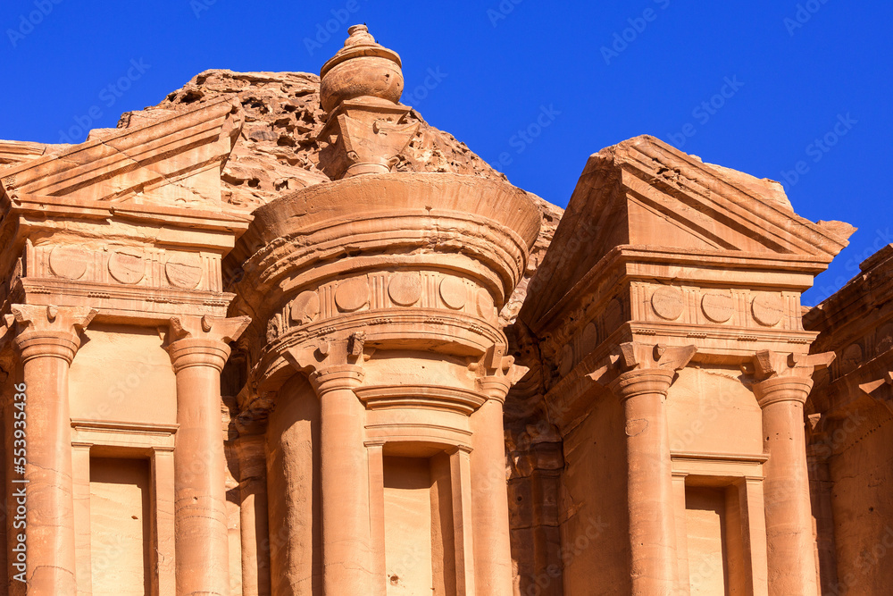 Ad Deir Monastery in the ancient city of Petra, Jordan close-up view, UNESCO World Heritage Site