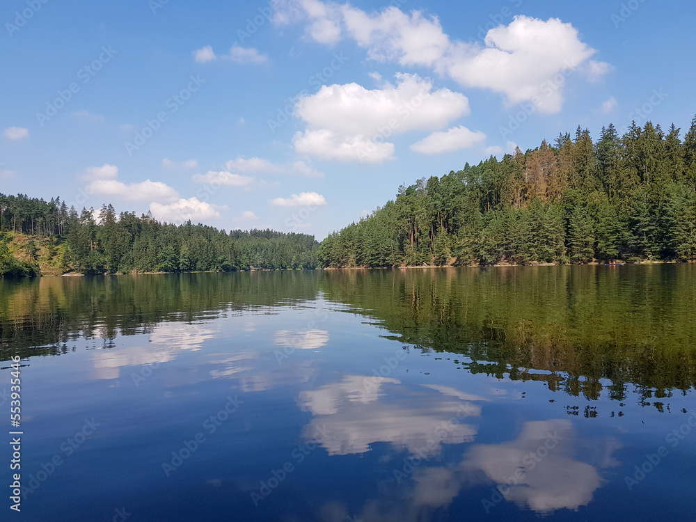 Fototapeta premium Idyllic mirror scenery on Ottensteiner Stausee in Austria, Waldviertel