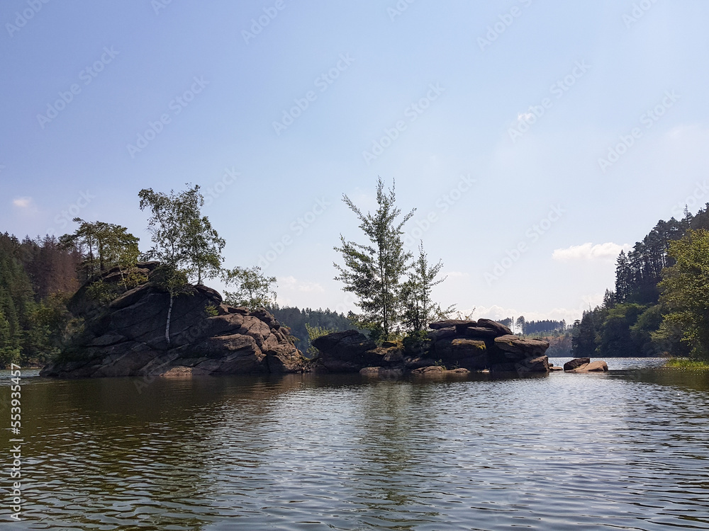 Lake Ottenstein in Waldviertel, Lower Austria, Austria. Blue sky with space for text Lake Ottenstein in Waldviertel, Lower Austria, Austria. Blue sky with space for text