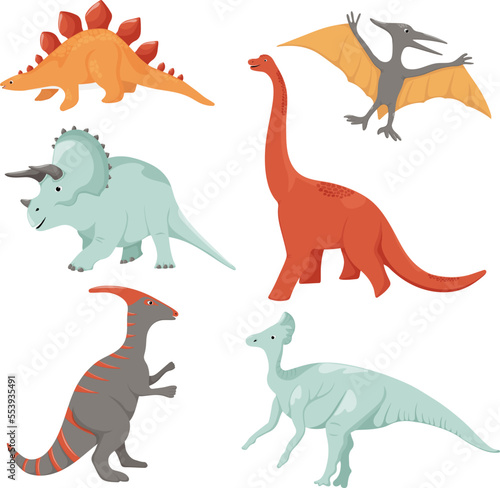 Cartoon-style vector set of dinosaurs on a white background