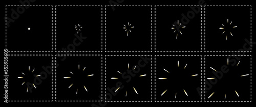 Shine effect sprite. Blast fx game sequence. Vector sunlight sparkle radiance animation stages, motion loop or storyboard. Star flash or boom video effect, explosion glare animated motion frame
