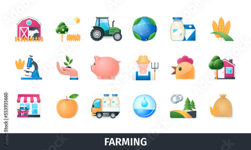 Farming 3d vector icon set. Plants, livestock, farming, ecology, tractor, irrigation, cultivation, shop, chicken, milk. Realistic objects in 3D style