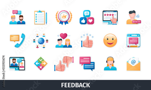 Feedback 3d vector icon set. Followers, response, advice, rating, call center, customers, survey, comment, email. Realistic objects in 3D style