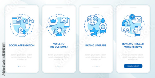 Customer reviews purposes blue onboarding mobile app screen. Walkthrough 4 steps editable graphic instructions with linear concepts. UI, UX, GUI template. Myriad Pro-Bold, Regular fonts used