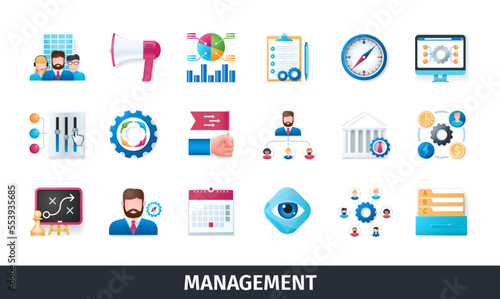 Management 3d vector icon set. Strategy, resources, roadmap, customers, project, manager, technology, business, organization, plan, employees. Realistic objects in 3D style