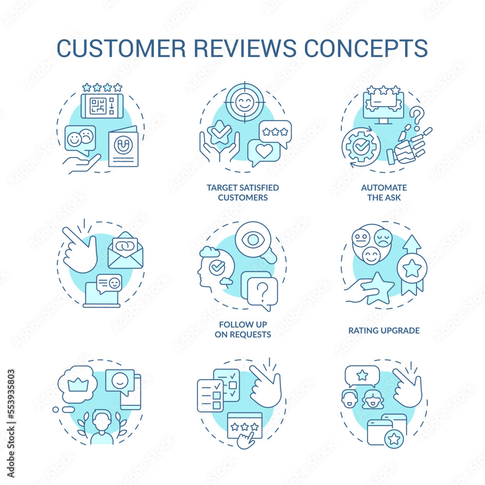 Customer reviews turquoise concept icons set. Product marketing idea thin line color illustrations. Satisfied feedback. Isolated symbols. Editable stroke. Roboto-Medium, Myriad Pro-Bold fonts used
