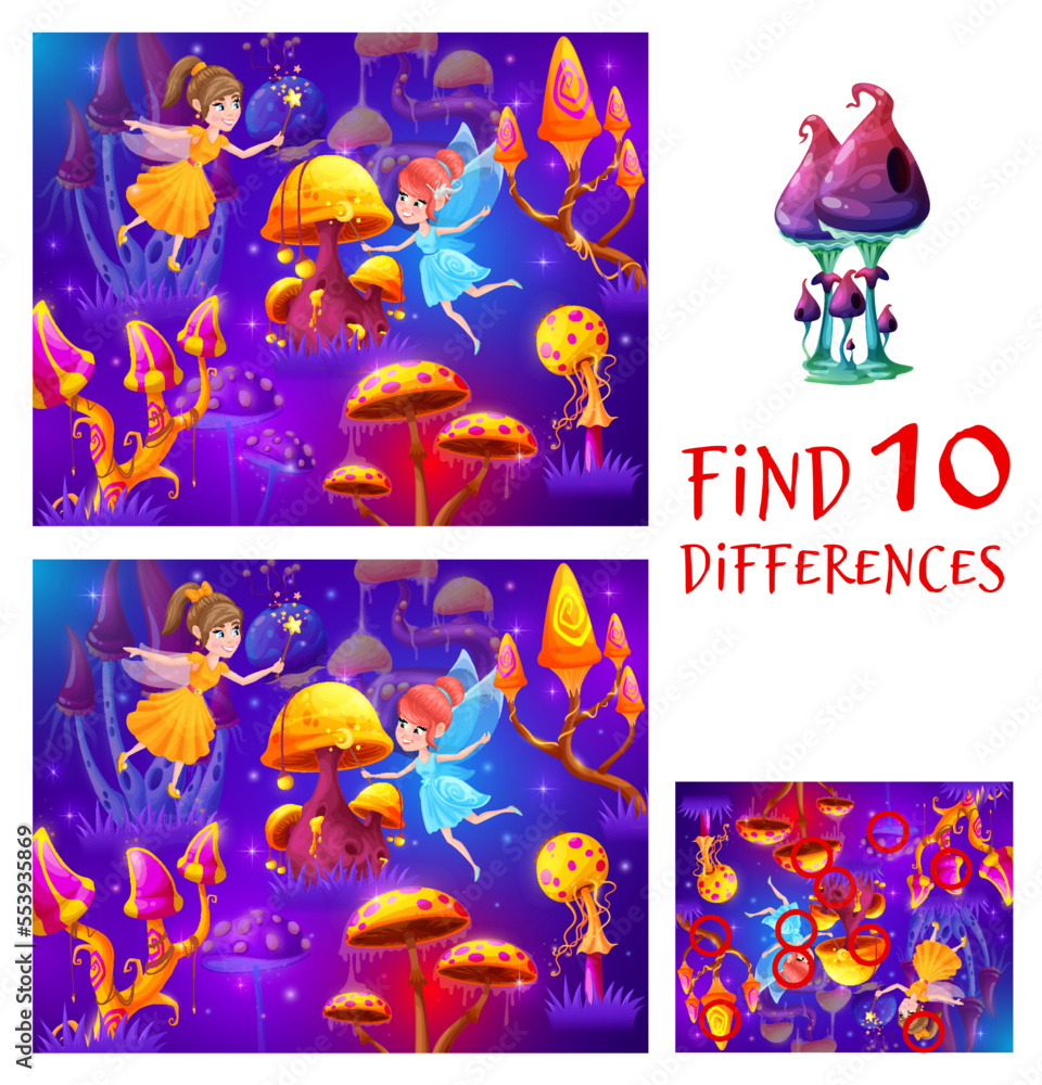 Fairy and magic luminous mushrooms in forest, find ten differences ...