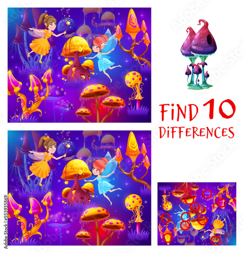 Fairy and magic luminous mushrooms in forest, find ten differences, vector game worksheet. Kids education riddle or puzzle to find and match difference in pictures with tale fairy pixies in mushrooms