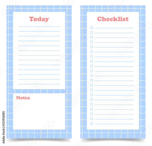 Two daily planners pages template.Tasks for today and checklist. Vertical journal on abstract blue cage pattern background. Y2k style. Vector illustration