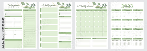 Set of personal planners page templates with calendar 2023 year. Vertical A4 format daily, weekly, monthly plan. Watercolor foliage design. Vector journal for daily routine