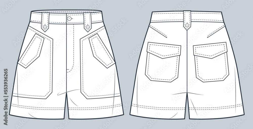 Short Pants technical fashion illustration. High waisted Shorts fashion ...
