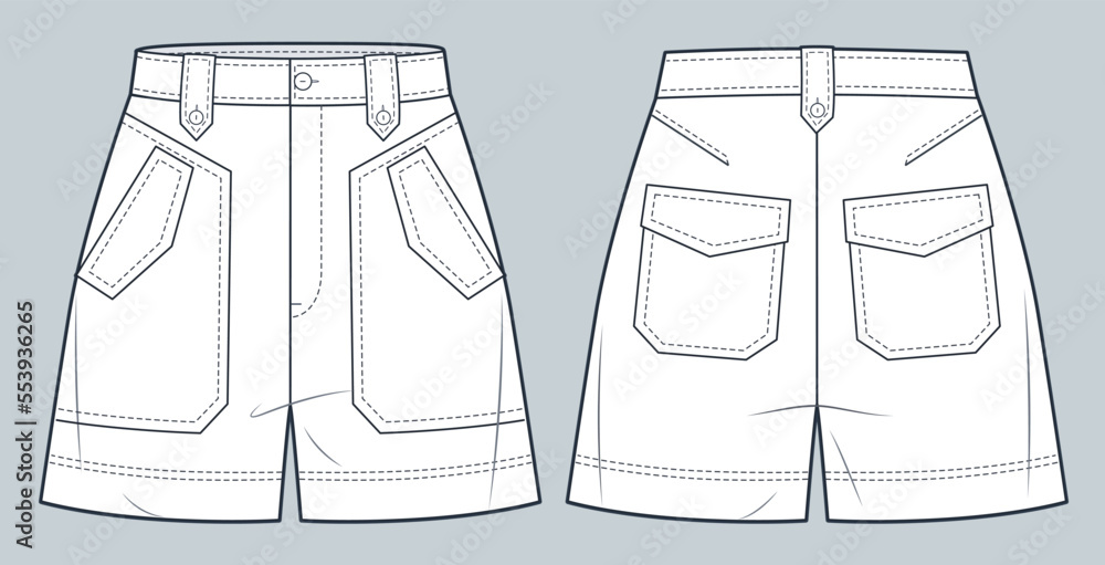 Short Pants technical fashion illustration. High waisted Shorts fashion