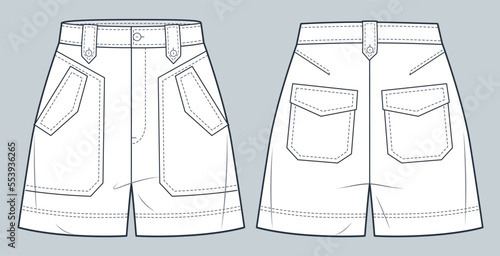 Short Pants technical fashion illustration. High waisted Shorts fashion flat technical drawing template, pockets, front and back view, white, women, men, unisex CAD mockup.
