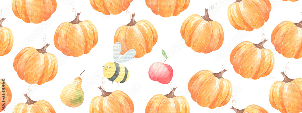 wallpaper,seamless pattern with autumn and pumpkins and bees, watercolor children's illustration on a white background wallpaper,seamless pattern with autumn and pumpkins and bees, watercolor children's illustration on a white background