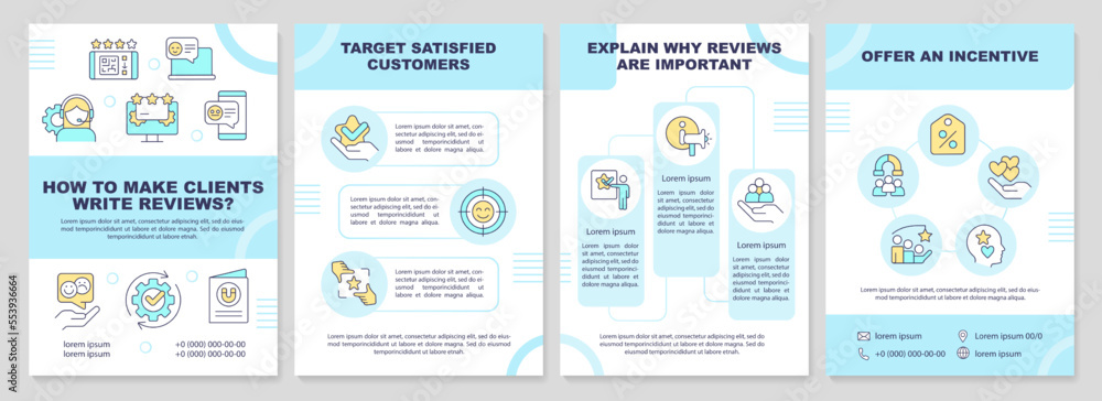 How to make clients write reviews cyan brochure template. Leaflet design with linear icons. Editable 4 vector layouts for presentation, annual reports. Arial-Black, Myriad Pro-Regular fonts used