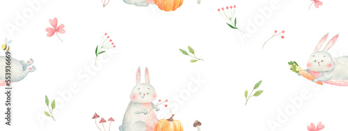 cute seamless pattern with rabbits and pumpkins, autumn motifs, cute watercolor illustration isolated on white background