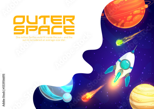 Space rocket in galaxy, space landing page. Vector background with cosmic starship or shuttle travel in universe with alien planets, stars and meteors. Galaxy exploration web banner © Vector Tradition