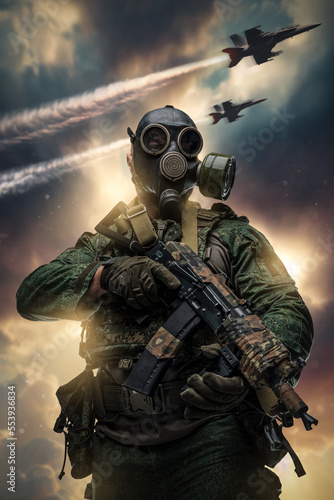 Obraz na plátne Artwork of russian armed forces soldier dressed in uniform and gas mask in sky