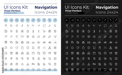 GPS and navigation pixel perfect linear ui icons set for dark, light mode. Outline isolated user interface elements for night, day themes. Editable stroke. Montserrat Bold, Light fonts used